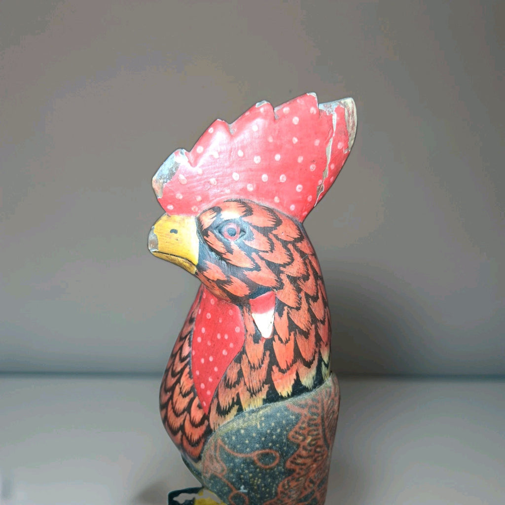 Handcarved wooden rooster figurine with batik-style painted decoration by Sejati