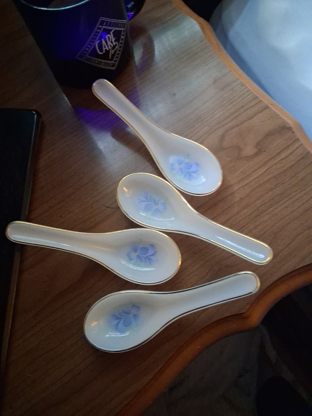 Chinese Soup Spoons Porcelain Gold Trim Floral Design Set of 4