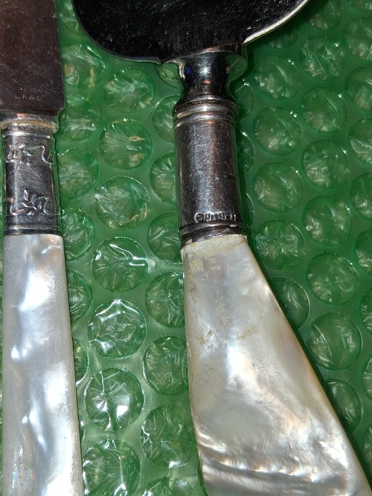 6-Pc Sterling silver dessert knives and cake server with mother-of-pearl handles