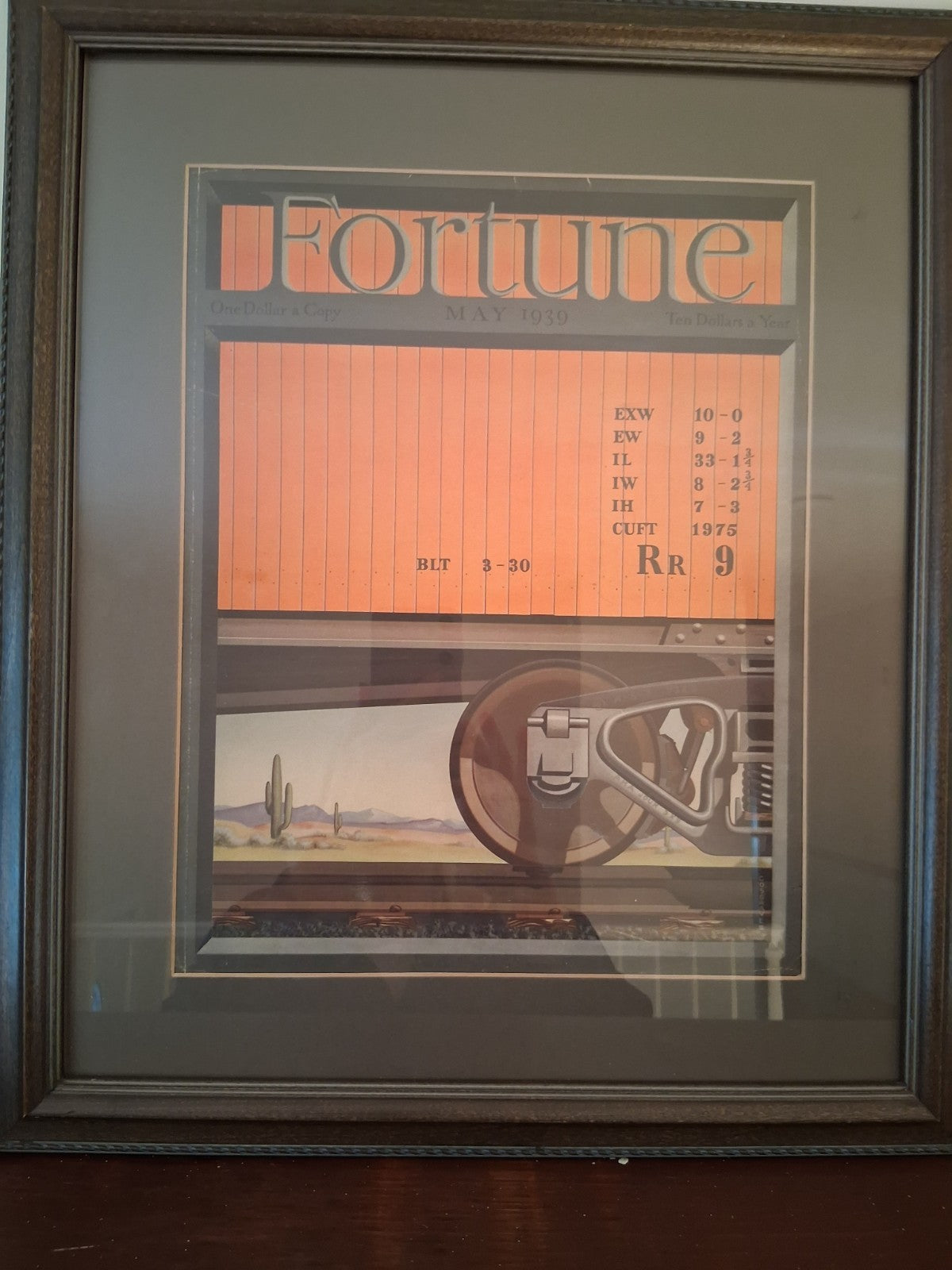 Framed Fortune Magazine cover from May 1939 featuring desert train illustration