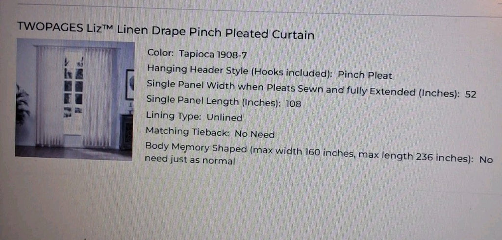 Liz Linen Pinch Pleat Curtain  52x108 Light Filtering 1 set (2 sets available)