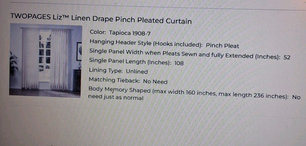 Liz Linen Pinch Pleat Curtain  52x108 Light Filtering 1 set (2 sets available)