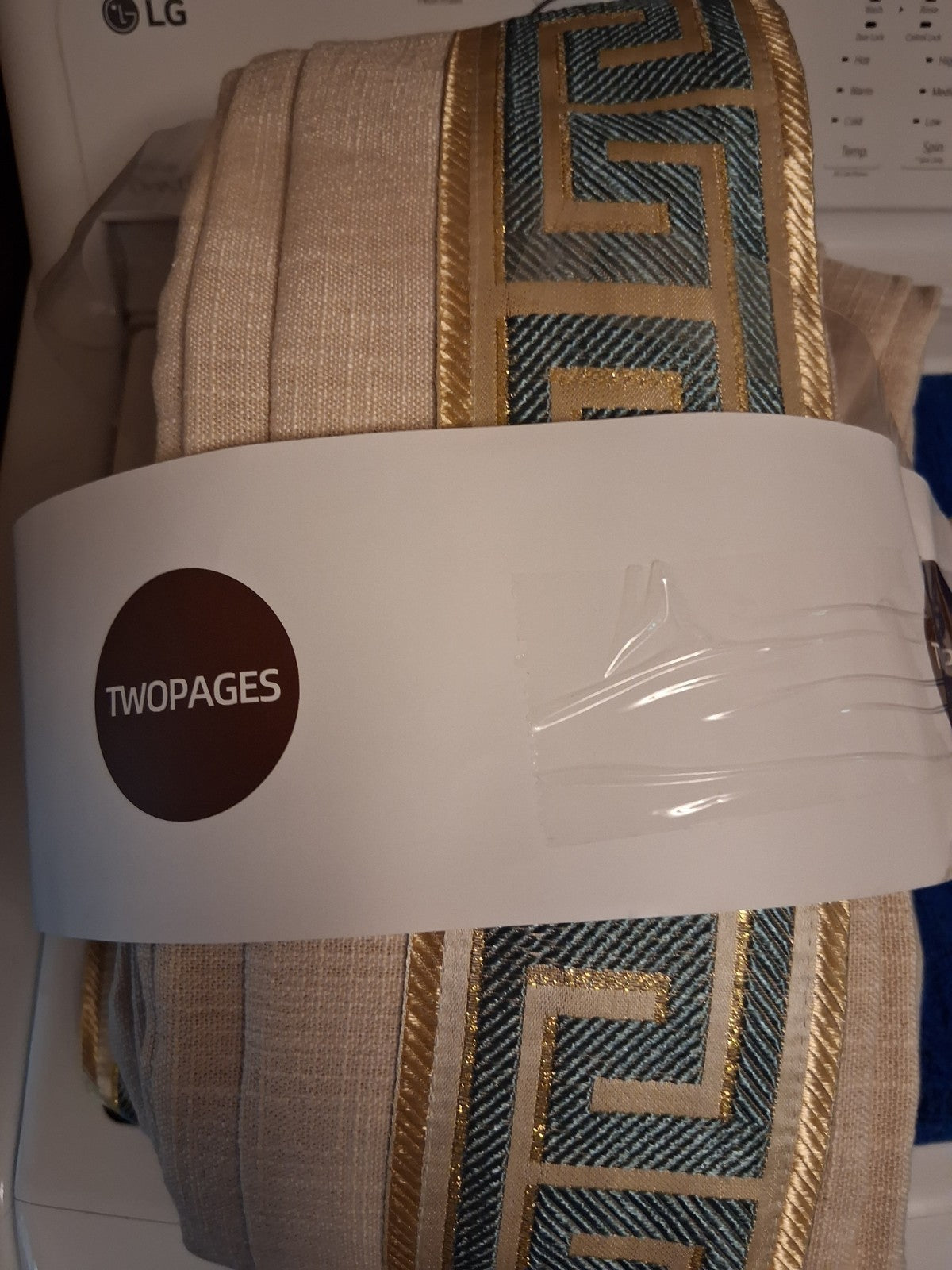 TWOPAGES Linen Greek Key Trim Pinch Pleat Curtain Panels 52x84 Light Block 1 set
