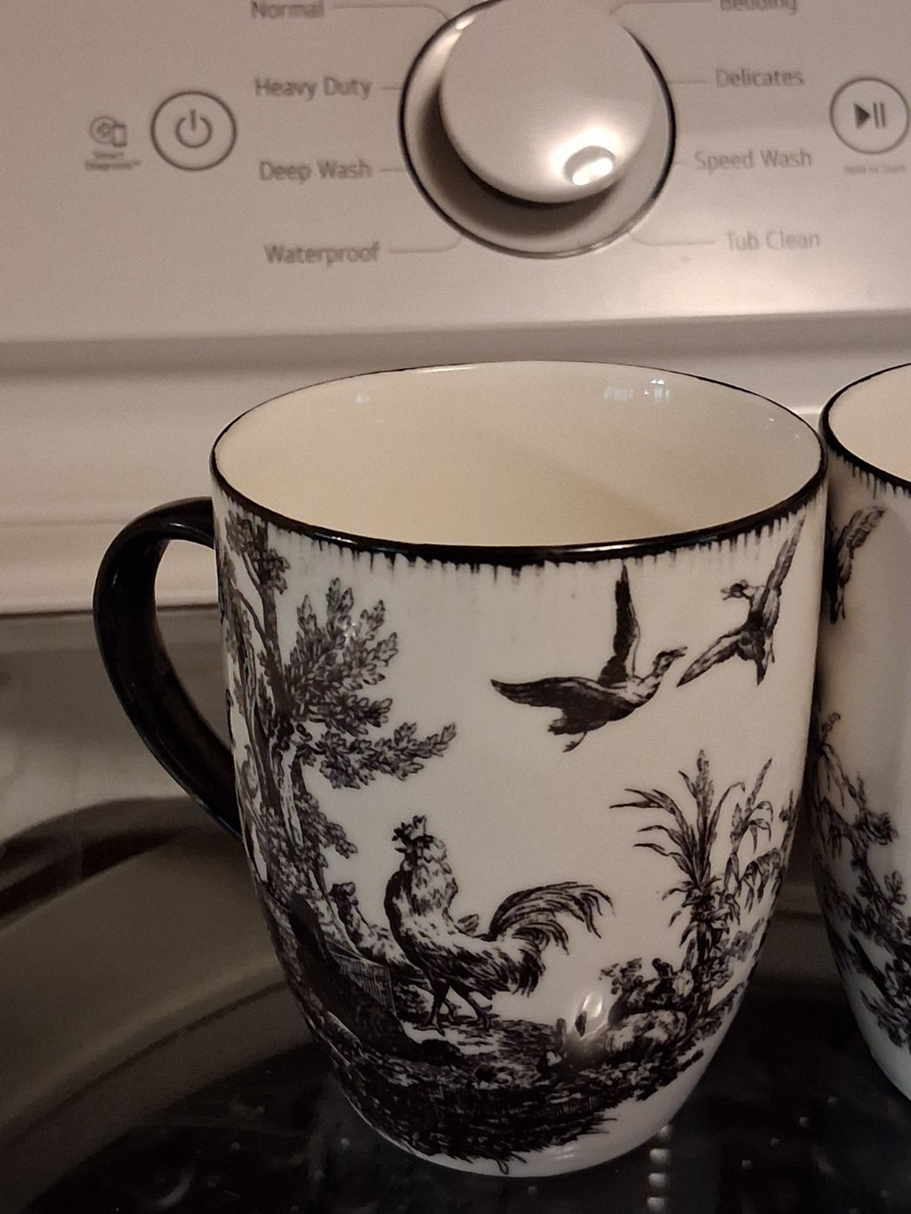 Ceramic mugs with black and white Toile de Jouy pattern by Aux Au Provence