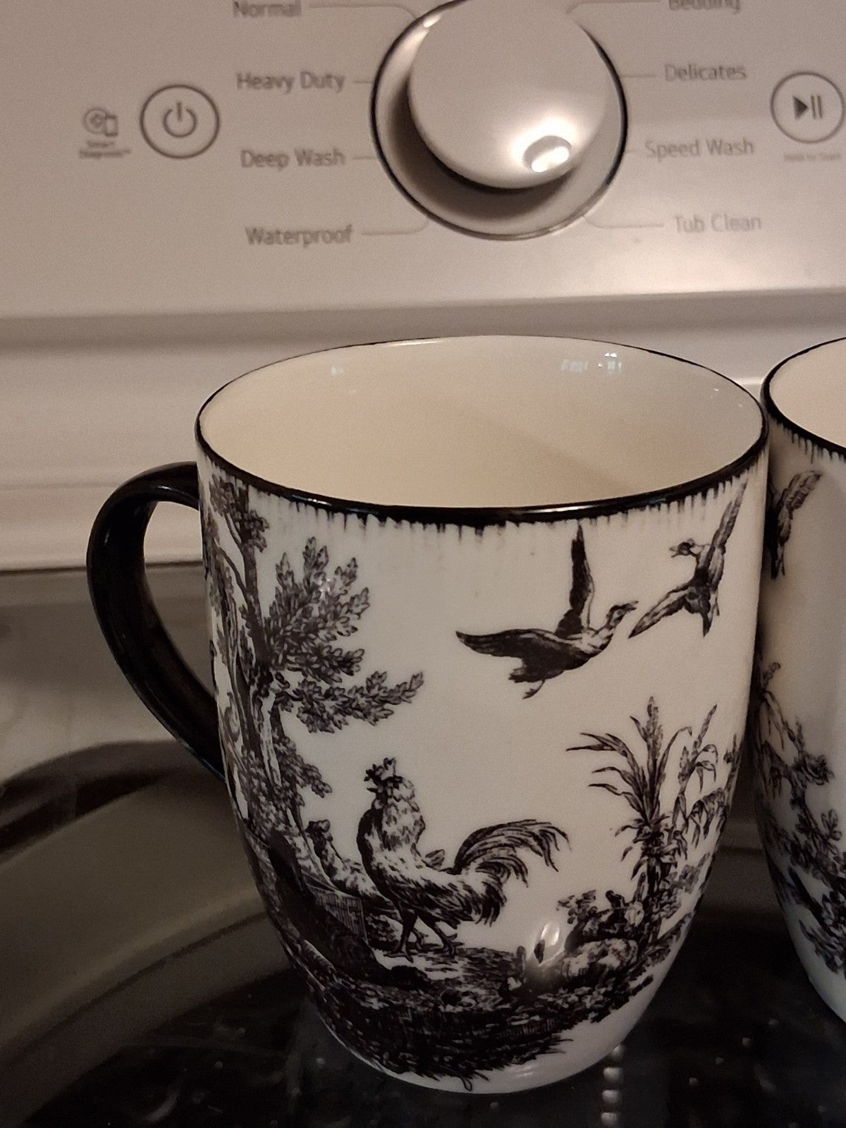 Ceramic mugs with black and white Toile de Jouy pattern by Aux Au Provence