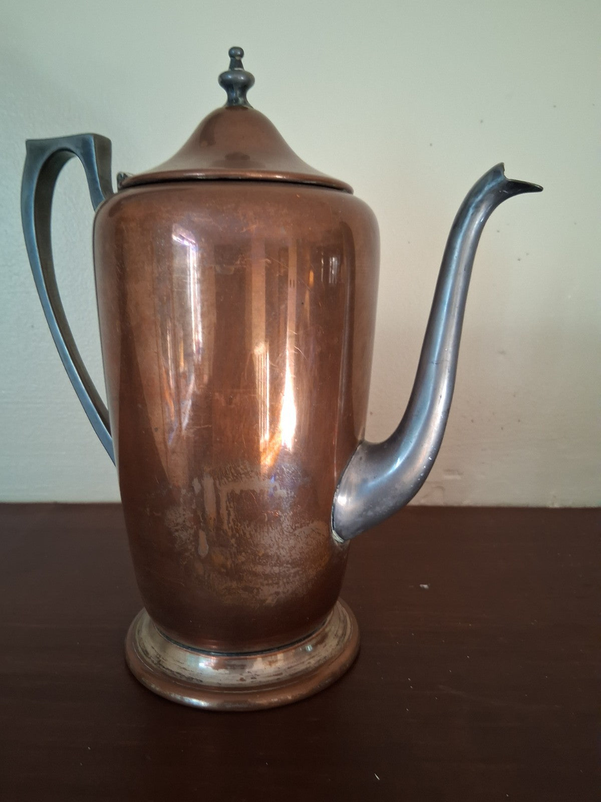 Copper coffee pot with ebonized wood handle and finial