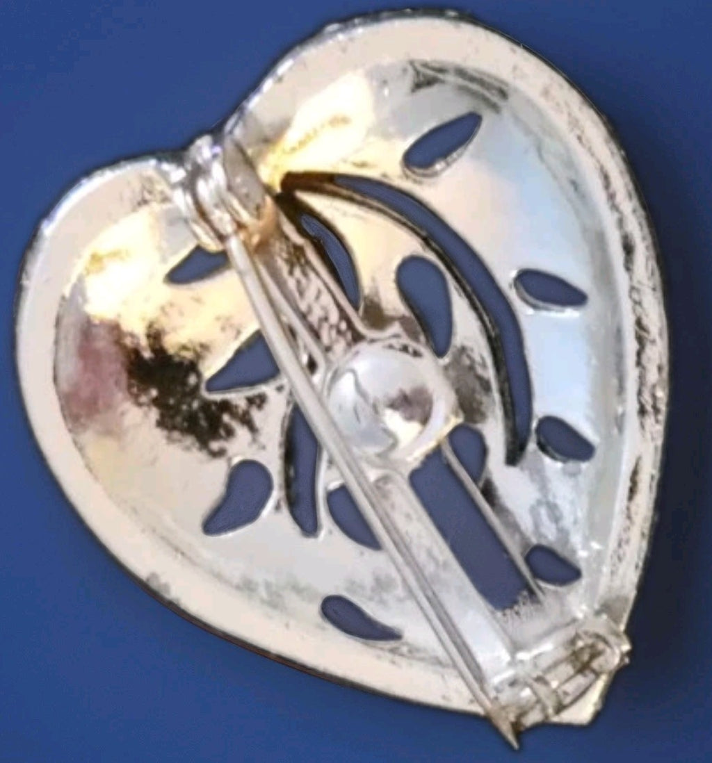 Silver Tone Heart Leaf Brooch Pin 