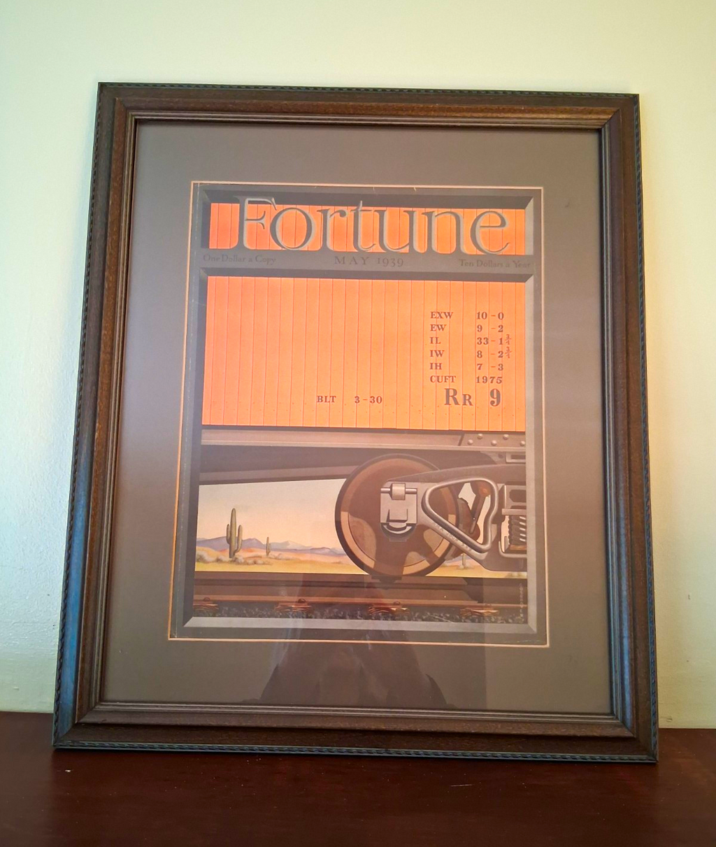 Framed Fortune Magazine cover from May 1939 featuring desert train illustration
