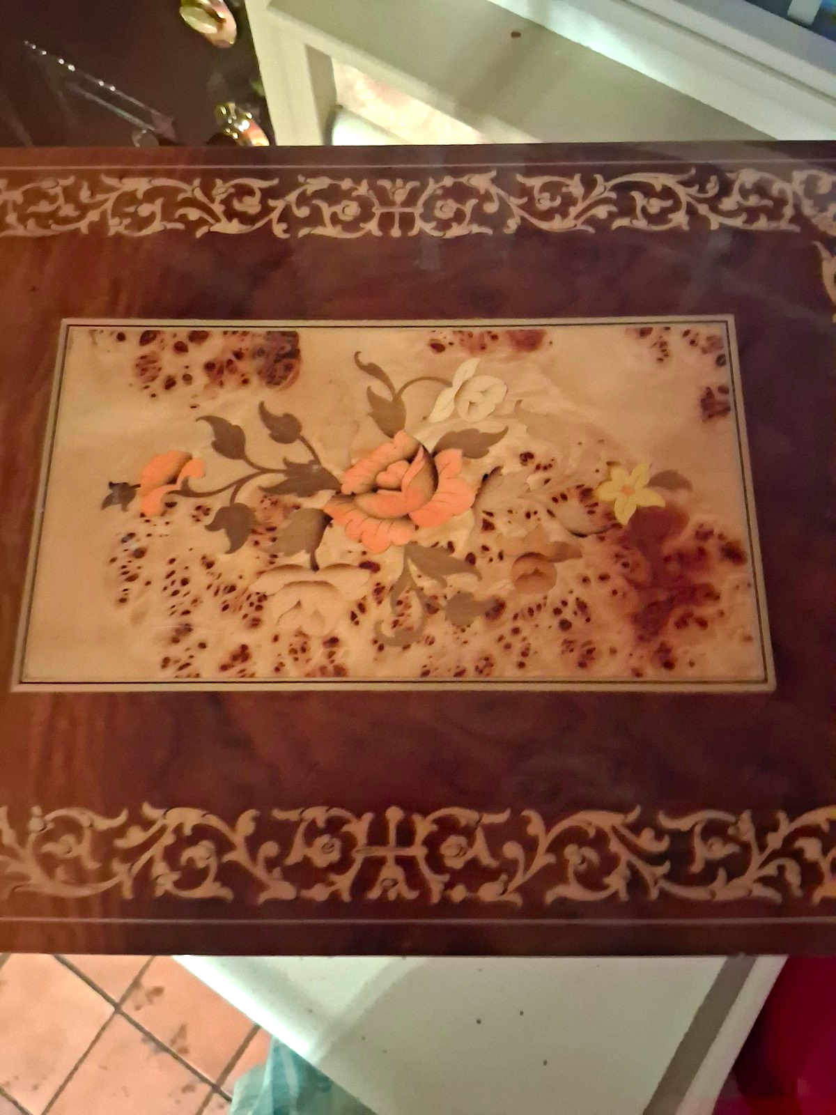 Wooden jewelry box table with working music box mechanism