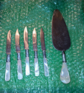 6-Pc Sterling silver dessert knives and cake server with mother-of-pearl handles