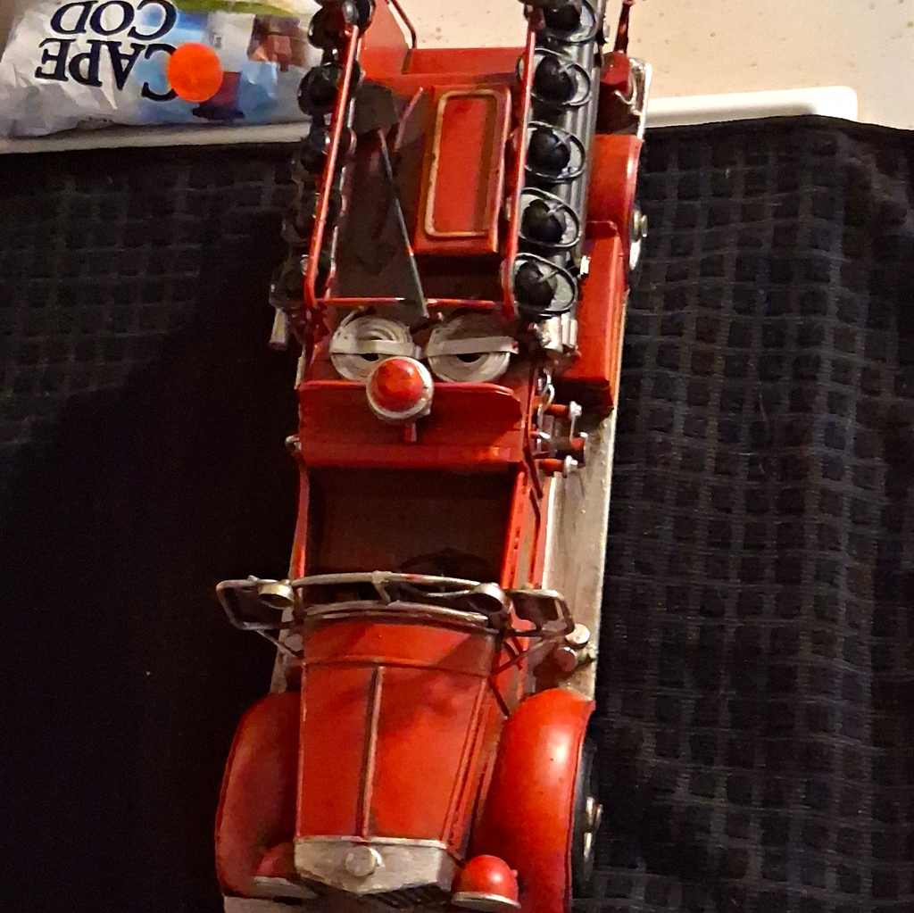 Vintage Metal Fire Truck Model Collectible w/ Ladders & Hose, Firefighting Theme